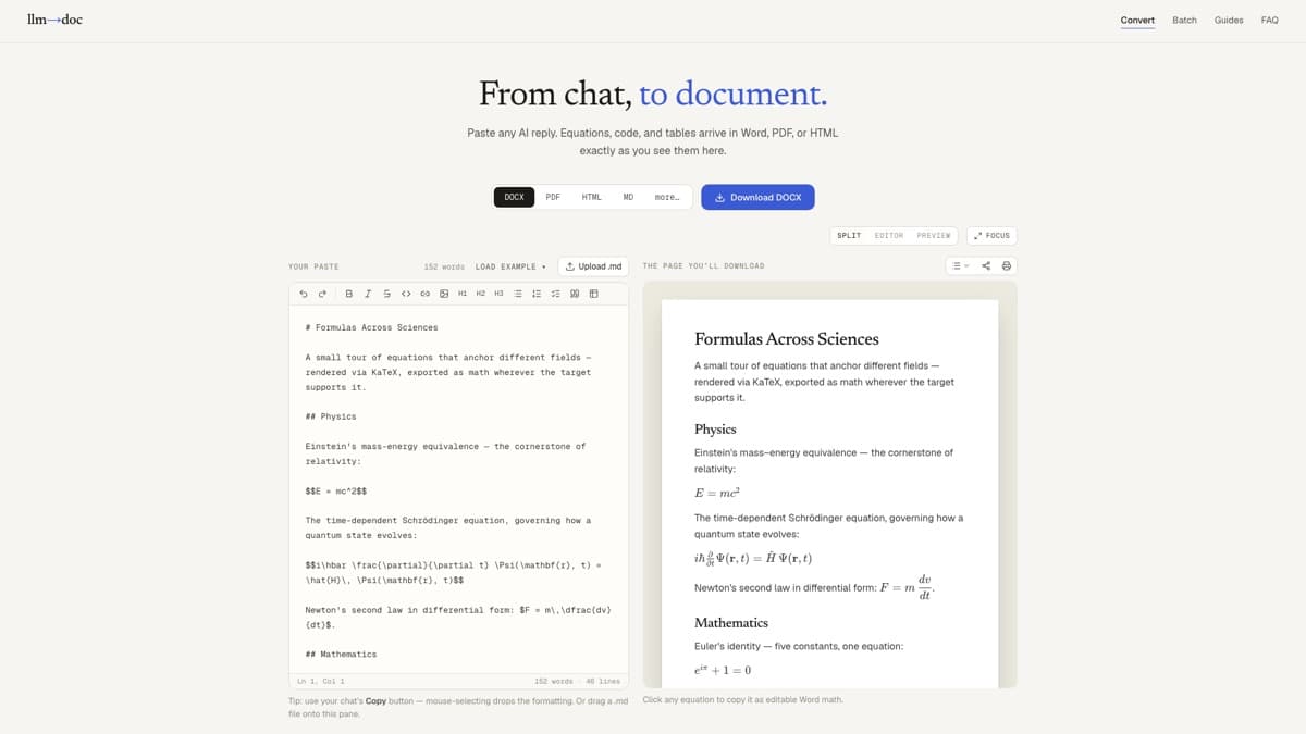 LLM to Doc converter with a pasted ChatGPT reply: Markdown with LaTeX formulas on the left, the rendered Word-ready page with editable equations on the right, and the Download DOCX button above