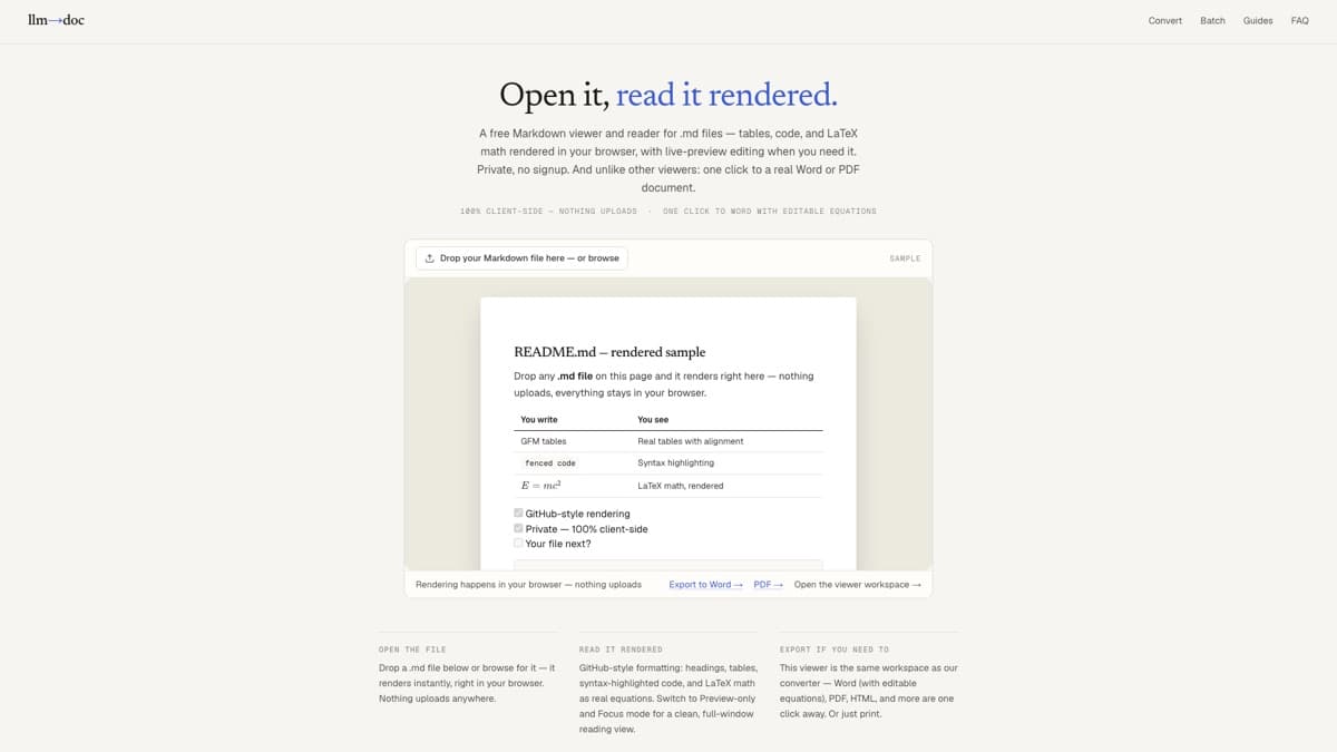 The llm2doc Markdown viewer with a README.md file rendered in the browser: a formatted table, syntax-highlighted code block, and LaTeX equation, with a drop-your-file button above